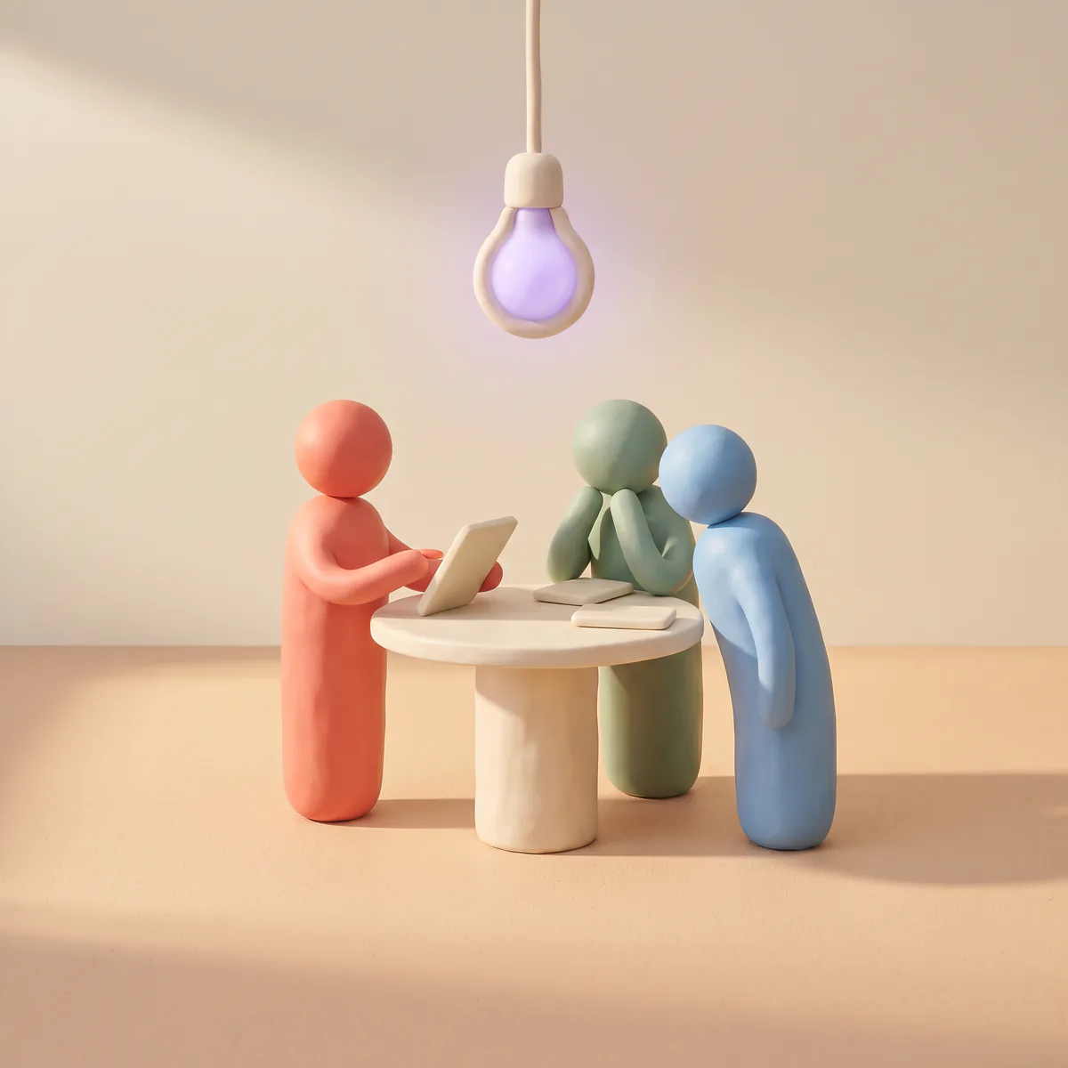 Trois figurines en pâte à modeler autour d’une table, sous une ampoule lavande, sur fond avoine.