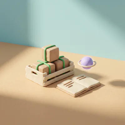 Module skills : une caisse en pâte à modeler de trois paquets noués d’une barre verte, à côté d’un carnet ouvert, sous la sphère lavande : des procédures écrites une fois, prêtes à servir.