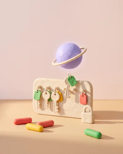 Module permissions : un tableau de clés en pâte à modeler, chaque clé sous son étiquette de couleur, un cadenas à côté et une sphère lavande au-dessus.