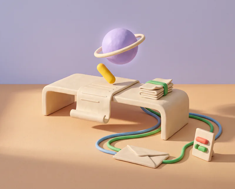 Module CLAUDE.md : sur un pupitre bas en pâte à modeler, une longue feuille se déroule ; la sphère lavande la lit et y pose une barre jaune, comme Claude Code qui lit CLAUDE.md au début de chaque session.