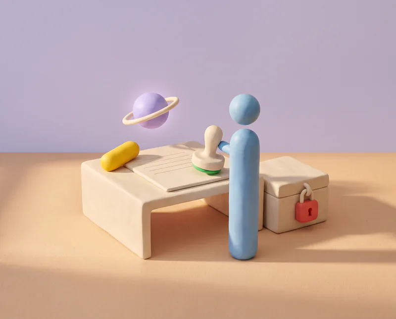 La validation humaine d’un agent IA, en pâte à modeler : une sphère lavande pose une feuille marquée d’une pilule jaune, qu’une figurine bleue s’apprête à tamponner en vert, près d’une boîte fermée par un cadenas rouge.
