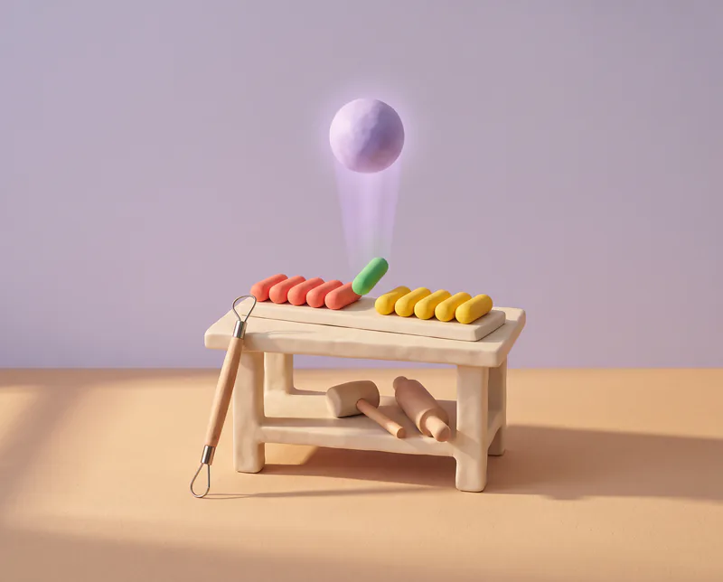 Un petit établi en pâte à modeler avec ses outils et une rangée de pilules ; une sphère lavande lumineuse y pose une pilule verte.