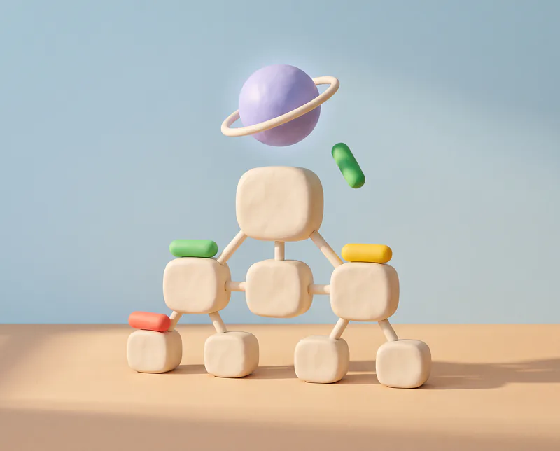 Un organigramme en pâte à modeler, des blocs crème reliés entre eux ; trois portent une pilule verte, jaune ou rouge, et une sphère lavande lumineuse en dépose une nouvelle sur un bloc encore vide.