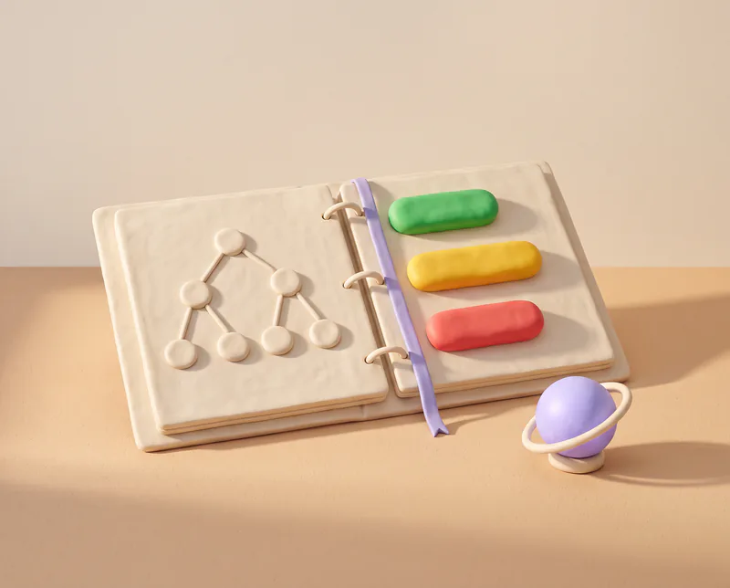 Un classeur ouvert en pâte à modeler ; à gauche une arborescence en relief, à droite trois pilules rangées par priorité, verte, jaune puis rouge, et une petite sphère lavande posée à côté.