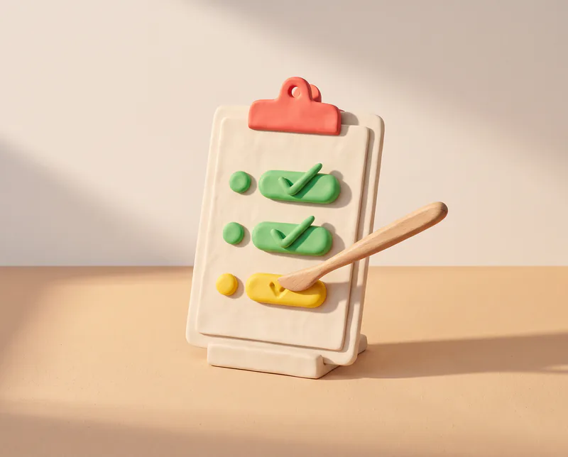 Un porte-bloc en pâte à modeler à pince rouge : deux lignes vertes cochées, une troisième jaune qu’un outil de modelage s’apprête à cocher.