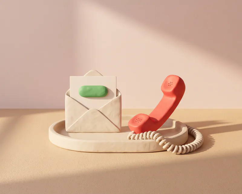 Une enveloppe qui s’ouvre sur une carte à pilule verte et un combiné de téléphone rouge, posés sur un plateau en pâte à modeler.