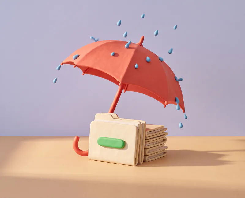 Un grand parapluie rouge en pâte à modeler abrite une pile de dossiers crème, marquée d’une pilule verte, des gouttes bleues tout autour.