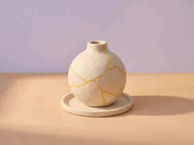 Un vase en pâte fêlé, recollé d’une ligne jaune.