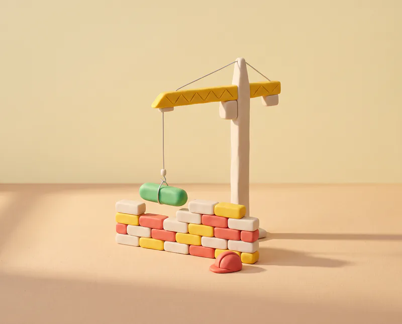 Une grue en pâte à modeler à flèche jaune pose une pilule verte dans le dernier creux d’un mur de briques, un casque de chantier rouge au pied du mur.