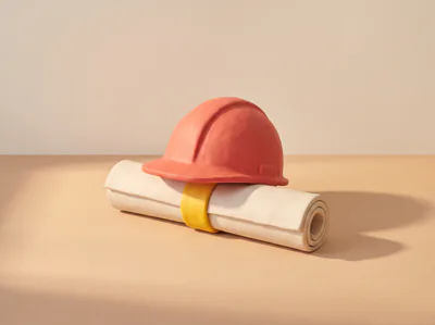 Un casque de chantier rouge en pâte posé sur un plan roulé.