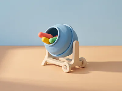 Une bétonnière bleue en pâte d’où dépassent trois pilules de couleur.