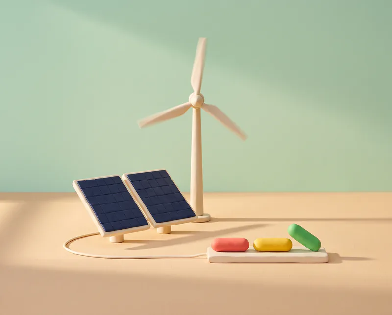 Une éolienne et deux panneaux solaires en pâte à modeler, reliés par un câble à un socle où avancent trois pilules rouge, jaune et verte.