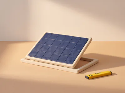 Un panneau solaire bleu nuit en pâte posé de biais sur son support, un niveau à bulle jaune à côté.