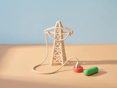 Un pylône électrique en pâte dont le câble descend jusqu’à une prise rouge, une pilule verte à côté.