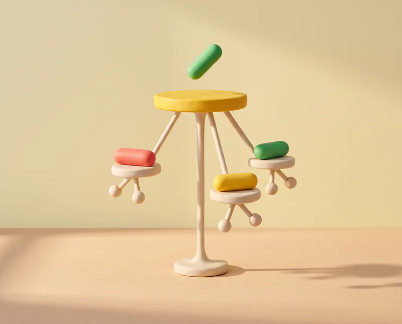 Une sculpture en pâte à modeler en forme d’arbre à plateaux, un disque jaune au sommet relié à trois plateaux plus petits portant chacun une pilule rouge, jaune ou verte, une pilule verte en l’air au-dessus.