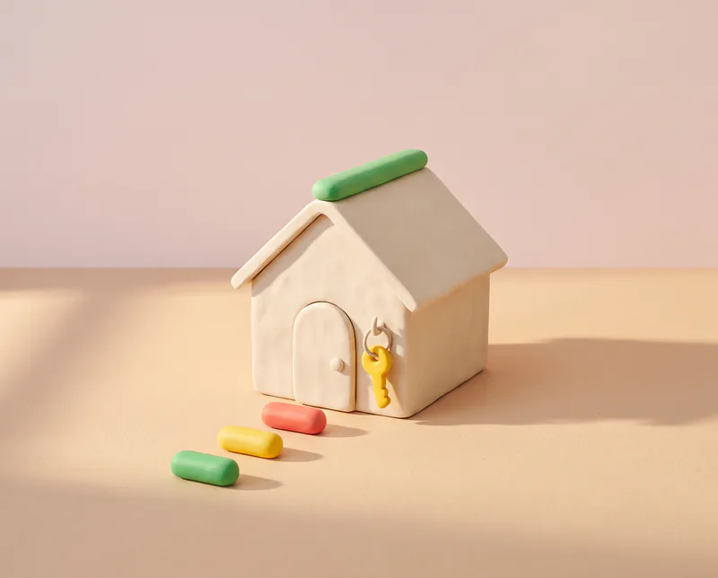 Une maison en pâte à modeler, une pilule verte sur le faîte du toit et une clé jaune accrochée près de la porte, trois pilules en guise de pas japonais.