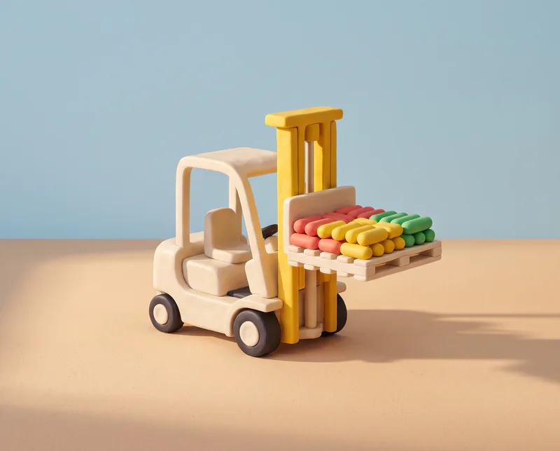 Un chariot élévateur en pâte à modeler à mât jaune soulève une palette chargée de pilules rouges, jaunes et vertes.