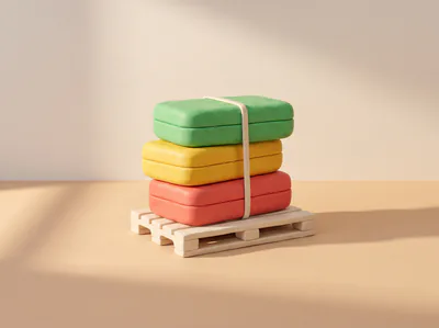 Une palette en pâte chargée de trois cartons rouge, jaune et vert, tenus par une sangle.