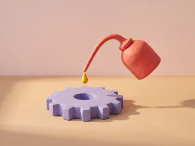 Une burette rouge en pâte verse une goutte sur un engrenage lavande.