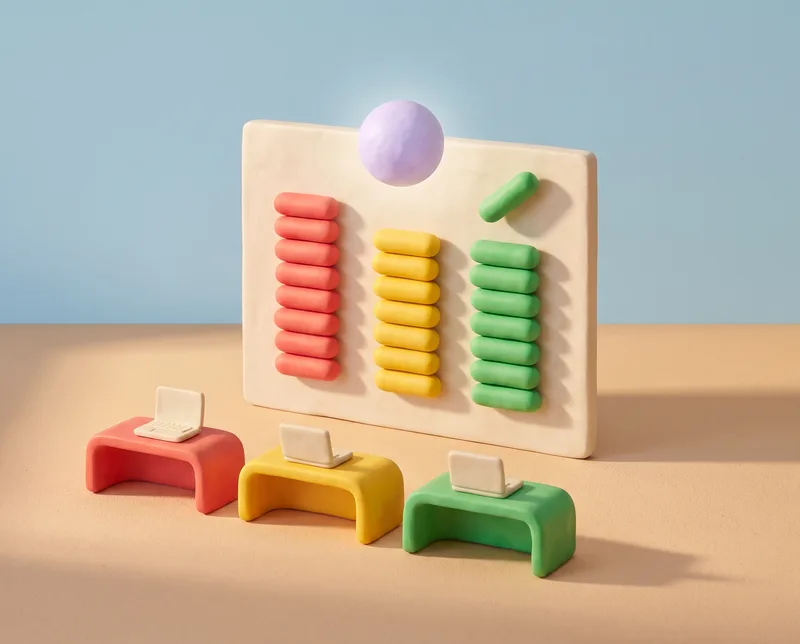 Une salle de formation en pâte à modeler : trois petits bureaux rouge, jaune et vert, chacun avec son ordinateur, face à un tableau où les pilules se rangent en trois colonnes ; une pilule verte rejoint la dernière, sous une sphère lavande lumineuse.