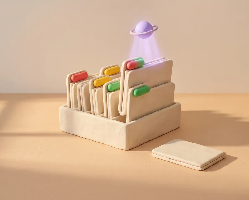 Un bac de dossiers en pâte à modeler aux onglets rouges, jaunes et verts ; une sphère lavande lumineuse soulève le premier dossier, à côté d’un petit ordinateur fermé.