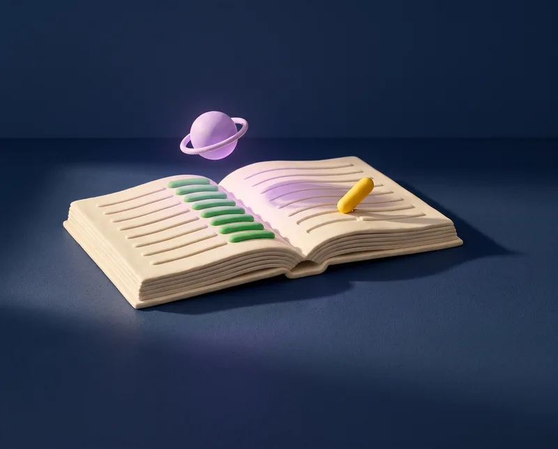 Un registre en pâte à modeler ouvert à plat, chaque ligne de la page de gauche signée d’une pilule verte ; une pilule jaune se pose sur la page de droite, sous une sphère lavande lumineuse, sur fond marine.