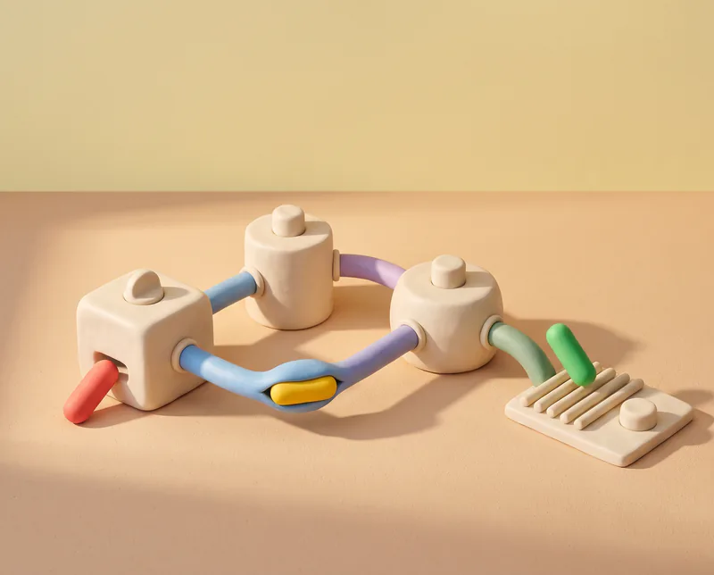 Un scénario d’automatisation en pâte à modeler, trois modules crème reliés par des tubes de couleur jusqu’à un petit tableau ; une pilule jaune circule dans un tube.
