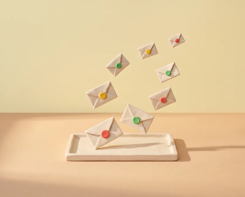 Des enveloppes en pâte à modeler, scellées de rouge, de jaune ou de vert, s’envolent d’un plateau comme une nuée d’oiseaux.