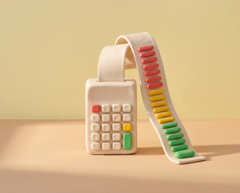 Une calculatrice en pâte à modeler aux touches crème, rouge, jaune et verte ; un long ticket en sort en boucle, ses lignes en pilules rouges, puis jaunes, puis vertes, et une grande pilule verte en guise de total.