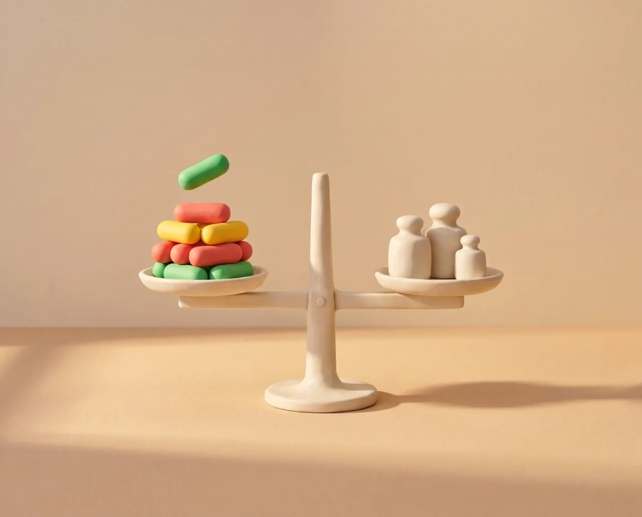 Une balance en pâte à modeler à l’équilibre : une pile de pilules rouges, jaunes et vertes sur un plateau, trois poids crème sur l’autre, une pilule verte sur le point de se poser.
