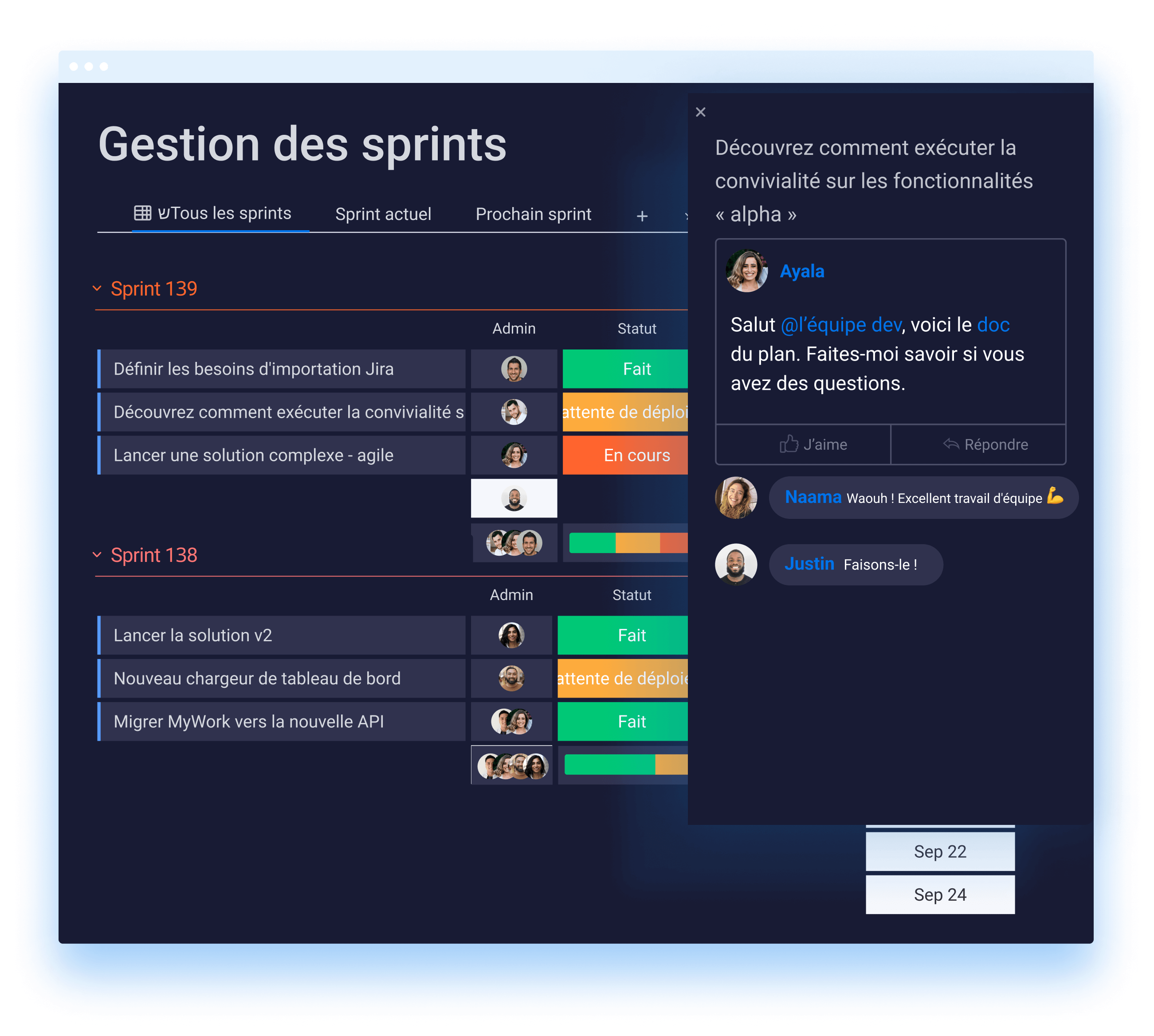 Collaboration des équipes à propos du lancement des produits sur monday dev.
