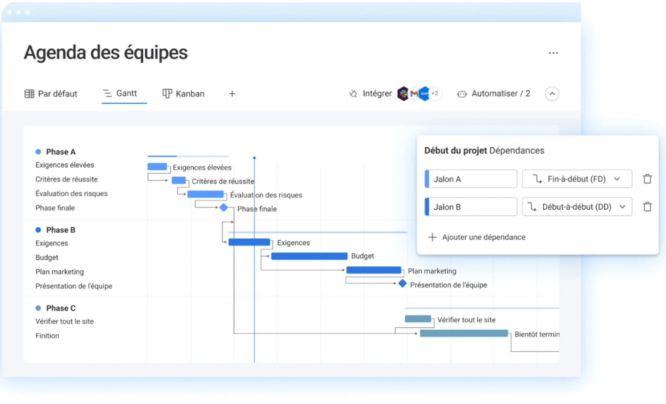 Une vue de Gantt où est planifiée les différentes activités des équipes et leur temps de réalisation sur monday work management.