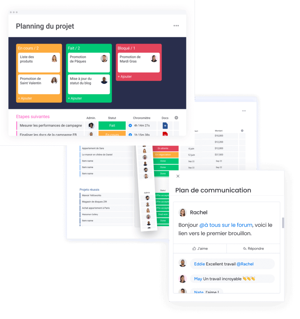 Vue kanban et planifications des projets sur monday.com.