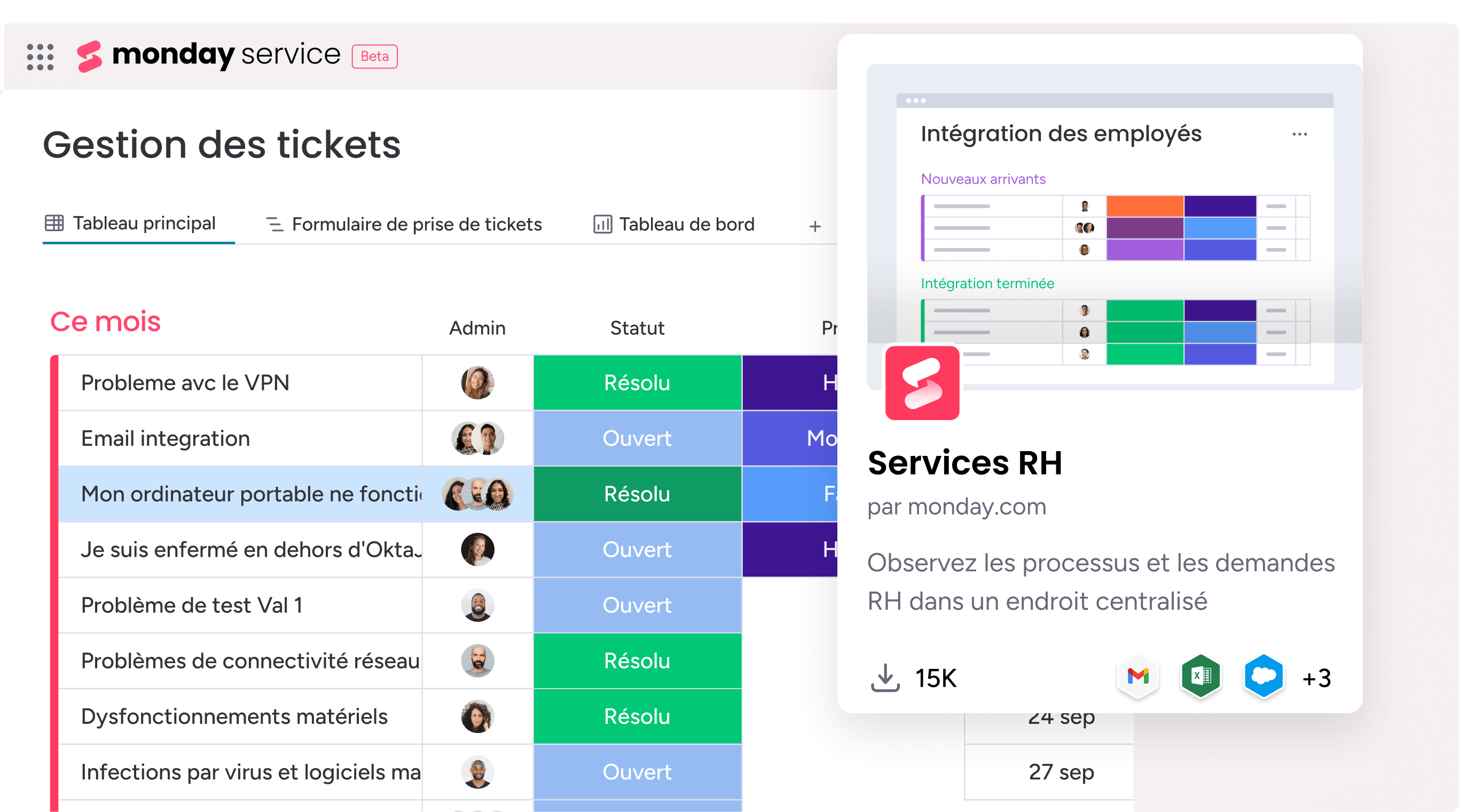 Gestion des tickets avec un processus d'onboarding et d'offboarding automatisé sur monday service.
