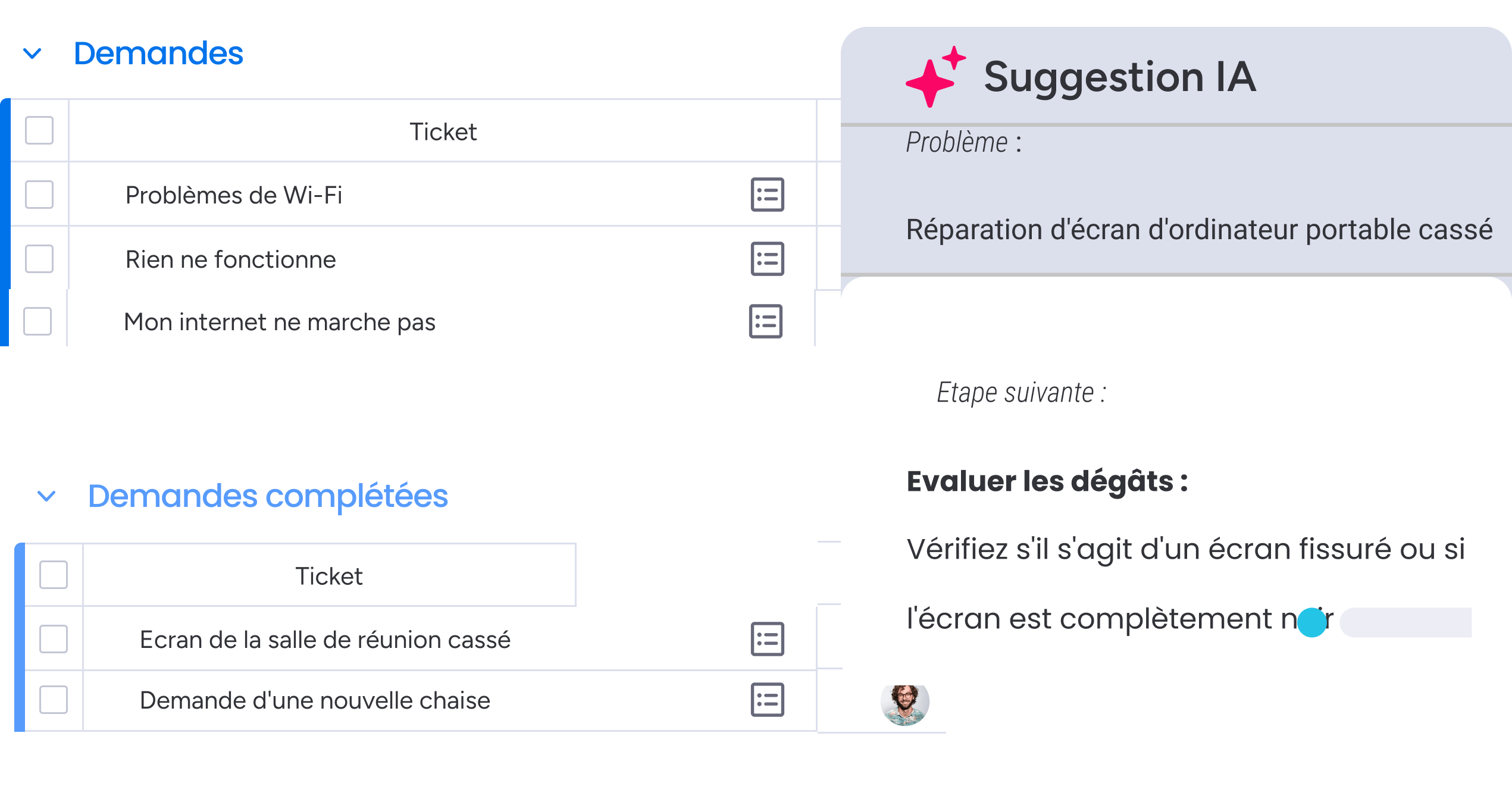 L'intelligence artificielle intégrée à monday service fait des suggestion sur la réparation d'un écran de téléphone.