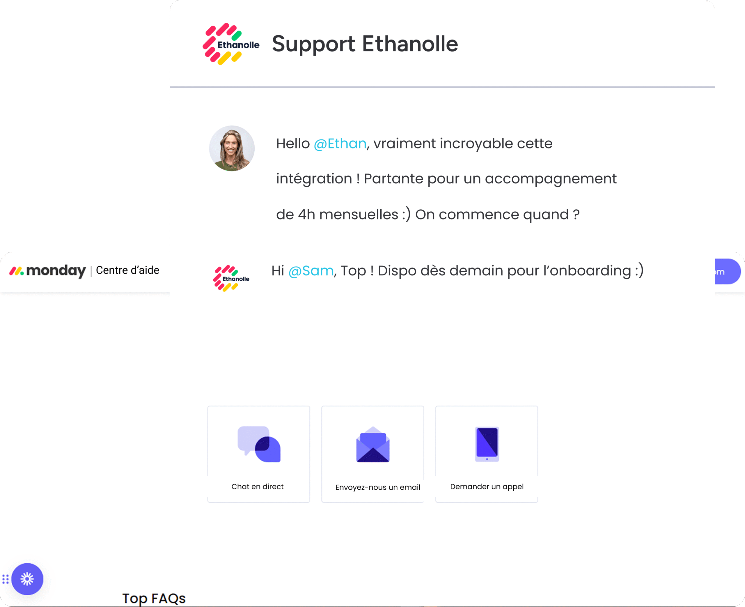 Une cliente écrit à Ethanolle pour demander un accompagnement après une intégration réussie de monday.com.