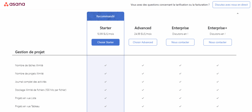 Les tarifs de Asana pour la gestion de projets.