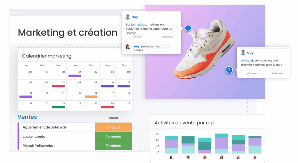 Gestion des créations marketing et des ventes sur le CRM marketing de monday.com.