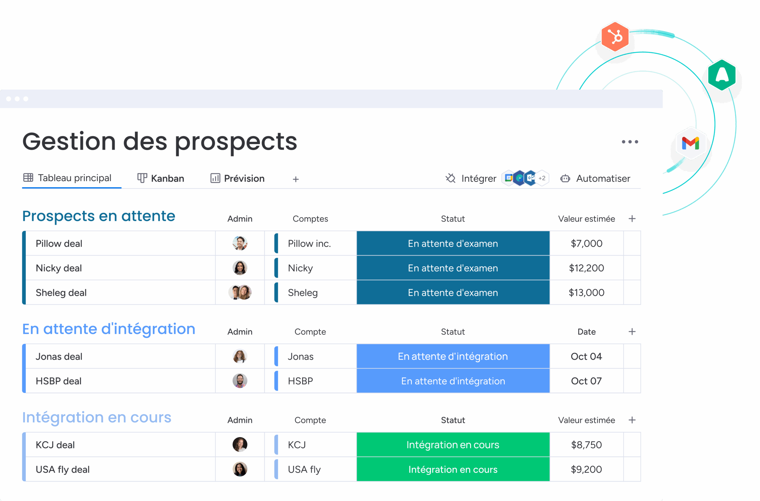 Centralisation des données des prospects et des clients sur le CRM marketing de monday.com.