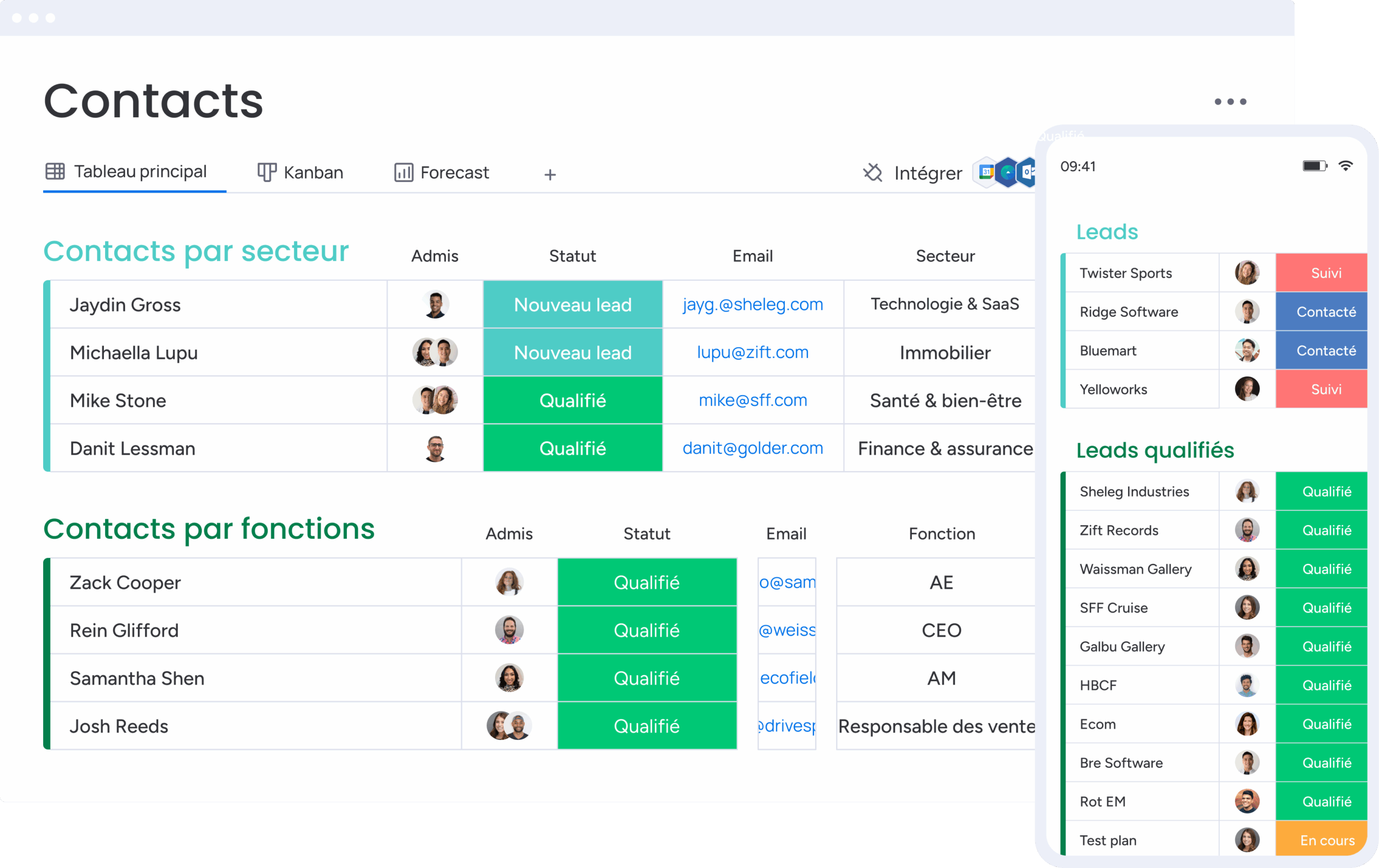 Contacts classifiés par secteur d'activité et par fonction pour cibler les campagnes et qualifier les leads.
