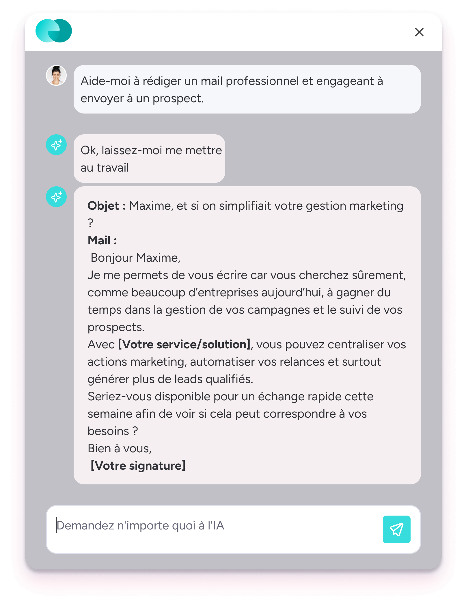 L'IA du CRM marketing de monday.com génère un mail de prospection.