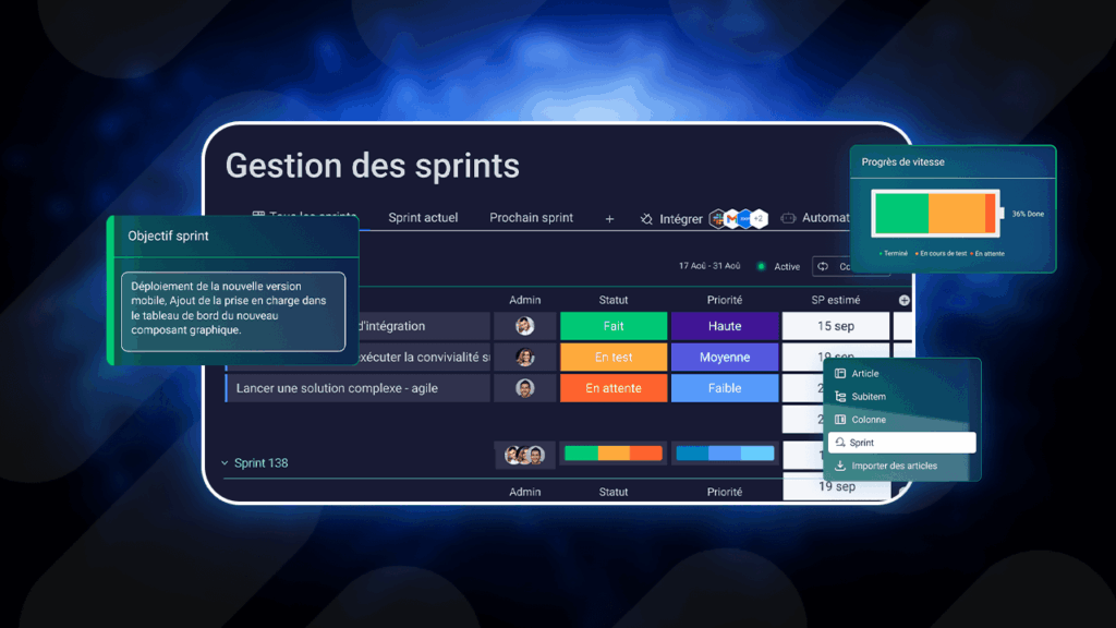 Illustration de quelques fonctionnalités de monday dev.