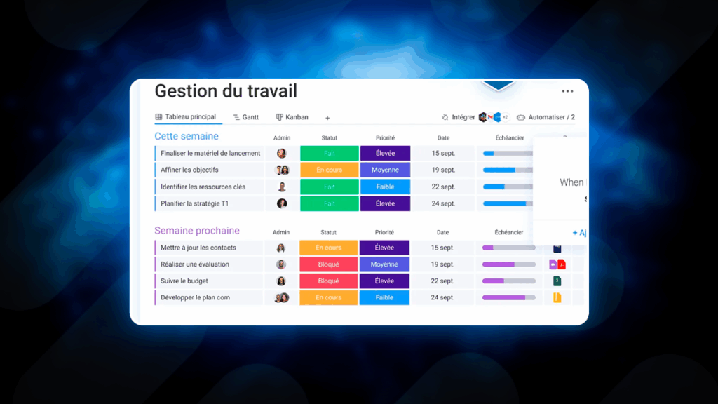 Exemple d'un backlog produit sur monday dev qui contient des tâches hiérarchisées.