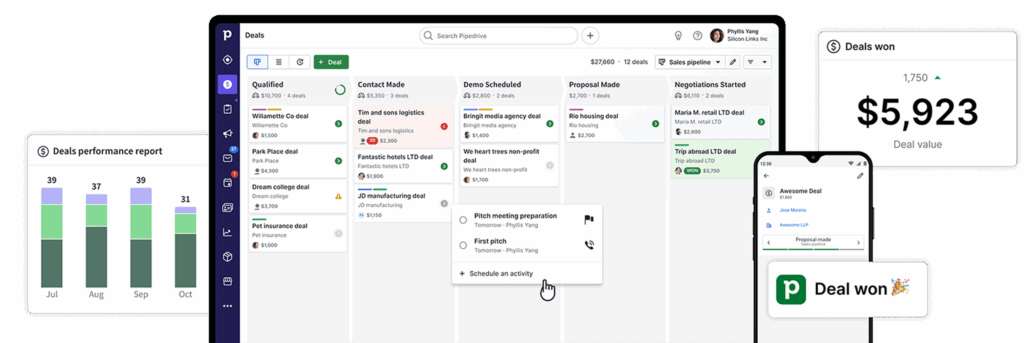 Tableau Pipedrive CRM utilisé par un CRM manager pour suivre les ventes et la valeur des deals