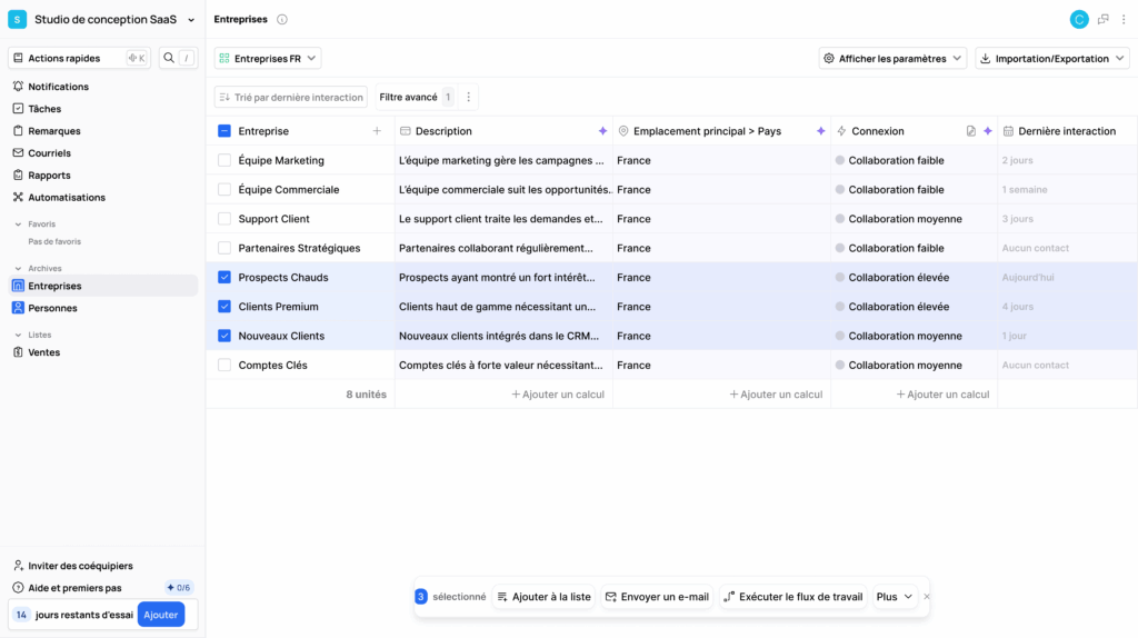 Vue Attio affichant la liste des entreprises avec catégories et interactions.