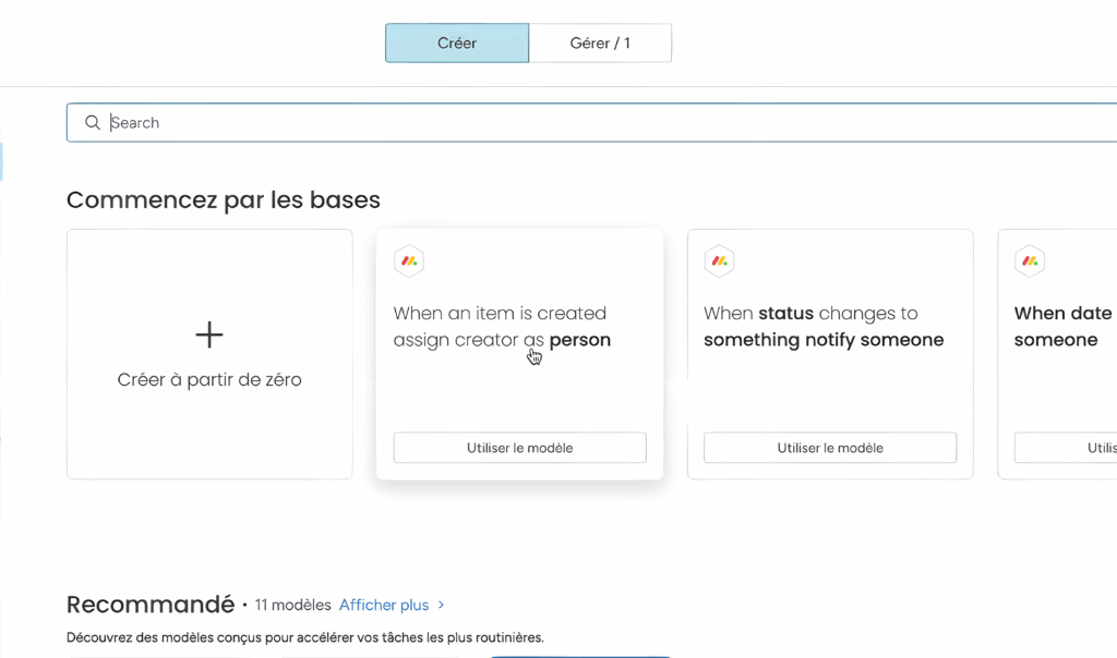 Modèles Monday pour automatiser tâches récurrentes via règles de création et statut.