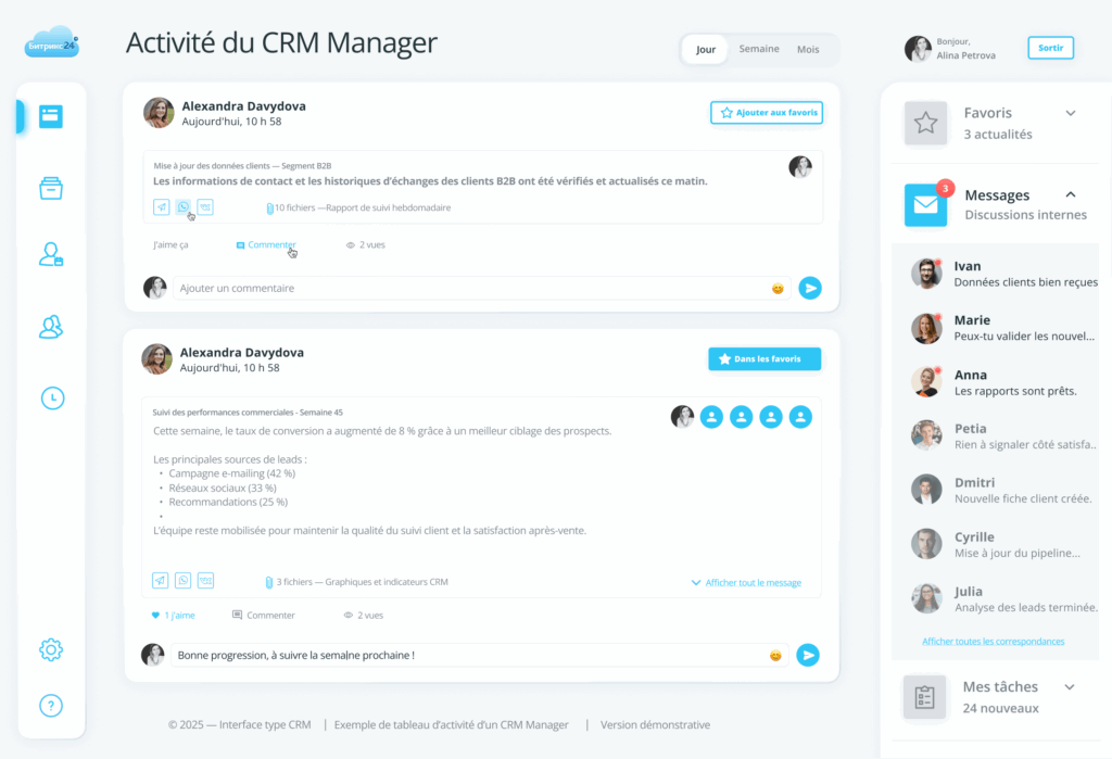 Interface Bitrix24 montrant l’activité du CRM Manager avec suivi client et messages internes