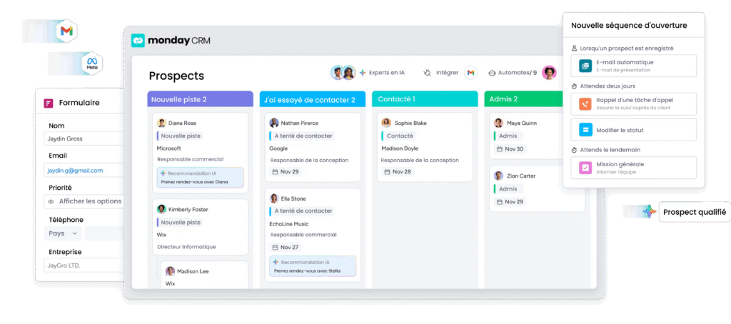 Interface de monday CRM pour la gestion des prospects au sein d'un CRM SaaS.