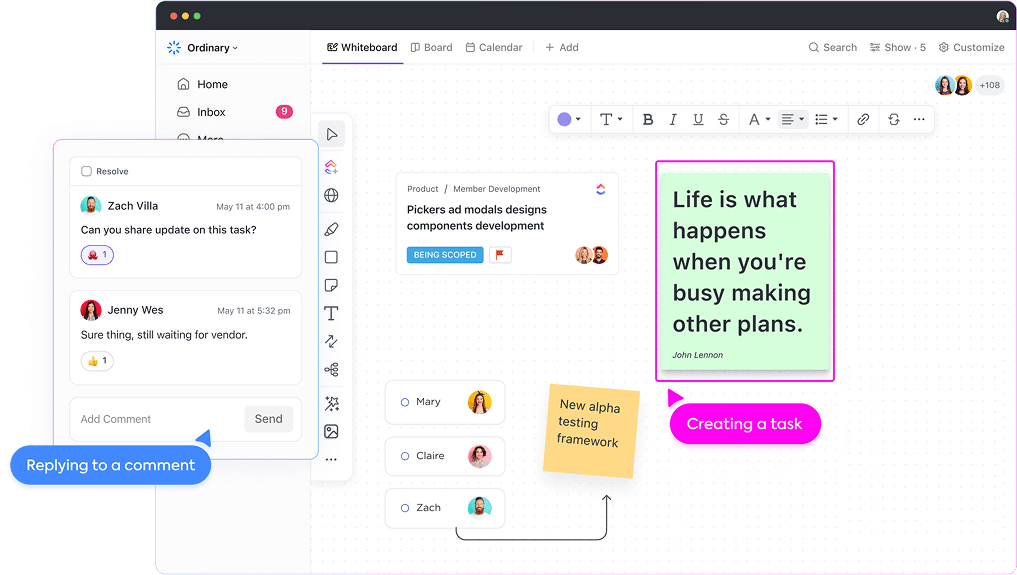 Tableau visuel ClickUp pour gestion des tâches avec notes et échanges d’équipe.