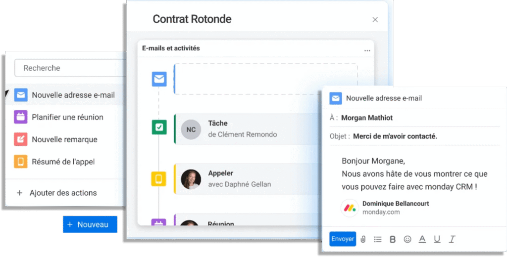 Suivi des e-mails et des activités avec monday CRM pour illustrer la définition d'un CRM SaaS.